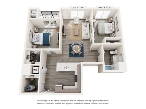 Floor plan for 2 beds, 1 bath, 986 sqft
